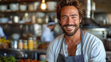 ai gegenereerd glimlachen Mens met baard in keuken foto