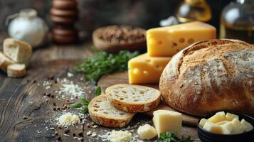 ai gegenereerd brood, kaas, en brood plakjes Aan een tafel foto