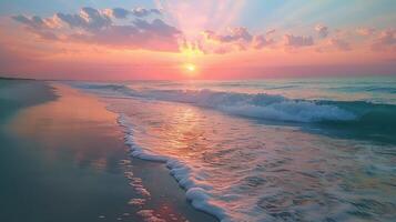 ai gegenereerd strand Bij zonsondergang met golven foto