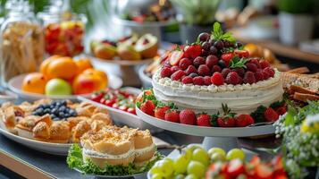 ai gegenereerd verschillend verspreiding van voedsel Aan tafel foto