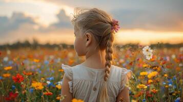 ai gegenereerd weinig meisje staand in veld- van bloemen foto