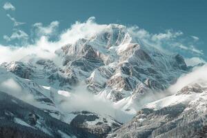 ai gegenereerd majestueus met sneeuw bedekt berg onder blauw lucht foto