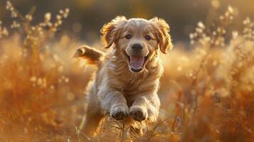 ai gegenereerd puppy rennen door veld- van geel bloemen foto