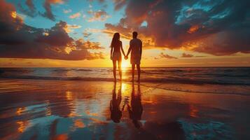 ai gegenereerd twee mensen Holding handen Aan strand foto