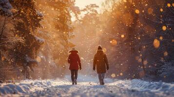 ai gegenereerd twee mensen wandelen in de sneeuw Holding handen foto