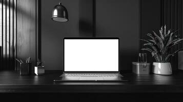 ai gegenereerd monochroom werkruimte met Open laptop foto