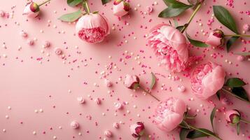 ai gegenereerd Internationale vrouwen dag. een ondersteboven beeld met roze pioen rozenknoppen en hagelslag Aan een pastel roze achtergrond foto