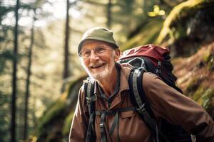 ai gegenereerd vastbesloten senior Mens hiking. genereren ai foto