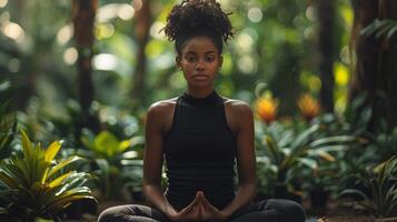 ai gegenereerd vrouw zittend in yoga positie in Woud foto