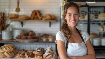 ai gegenereerd een vrouw bakker en ondernemer foto