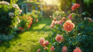 ai gegenereerd mooi helder achtergrond van een zomer tuin met een bloeiend roos struik foto