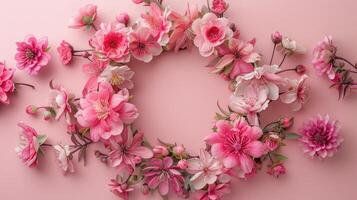 ai gegenereerd bloemen samenstelling. krans gemaakt van roze bloemen Aan roze achtergrond. vlak leggen, top visie, kopiëren ruimte foto
