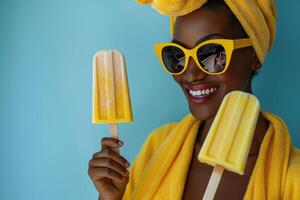 ai gegenereerd stralend vrouw met zomer behandelt foto