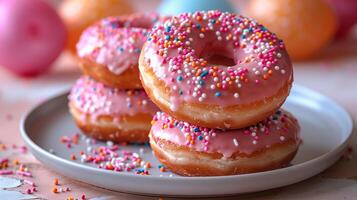 ai gegenereerd roze glazuur donut achtergrond foto