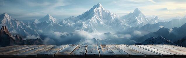 ai gegenereerd leeg houten tafel met bergen achtergrond foto
