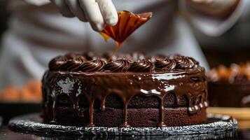 ai gegenereerd chocola taart met chef hand- achtergrond foto