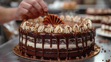 ai gegenereerd chocola taart met chef hand- achtergrond foto