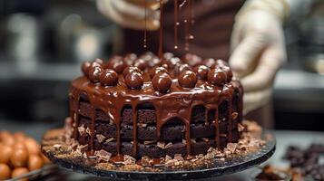 ai gegenereerd chocola taart met chef hand- achtergrond foto