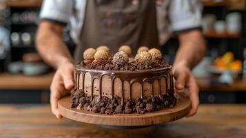 ai gegenereerd chocola taart met chef hand- achtergrond foto