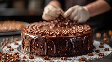 ai gegenereerd chocola taart met chef hand- achtergrond foto