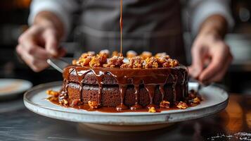 ai gegenereerd chocola taart met chef hand- achtergrond foto