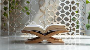 ai gegenereerd een houten staan met een Open heilig koran foto