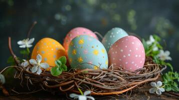 ai gegenereerd kleurrijk eieren nest Aan tafel foto