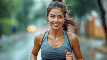 ai gegenereerd vrouw rennen in de regen met een glimlach foto
