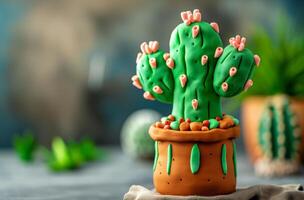 ai gegenereerd cactus vormig gebakje taart foto