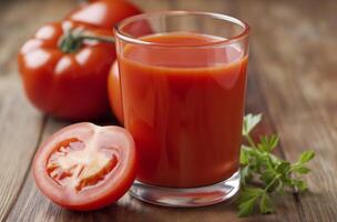 ai gegenereerd vers tomaat sap in een glas foto