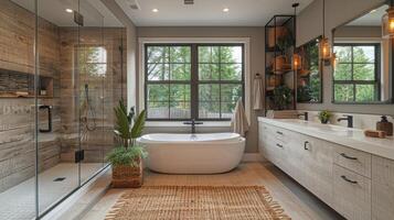 ai gegenereerd luxueus badkamer met groot bad en inloop douche foto