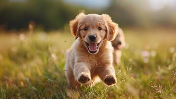 ai gegenereerd puppy rennen door veld- van geel bloemen foto