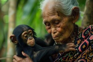 ai gegenereerd een ouderen Afrikaanse Amerikaans vrouw in een kleurrijk overhemd liefdevol knuffels een chimpansee Aan een wazig groen natuur achtergrond symboliserend natuur obligaties en liefde voor dieren in het wild foto