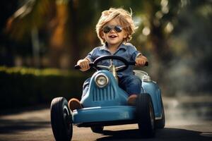 ai gegenereerd miniatuur klein jongen rijden auto snelheid. genereren ai foto