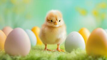 ai gegenereerd gelukkig schattig Pasen Egger kuiken met kleurrijk eieren en groen gras. foto