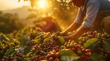 ai gegenereerd koffie oogst in de licht van zonsondergang foto