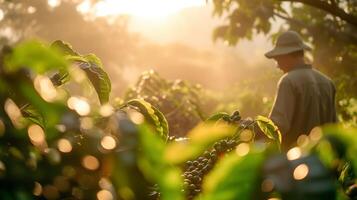 ai gegenereerd koffie oogst in de licht van zonsondergang foto