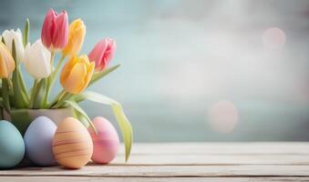 ai gegenereerd Pasen achtergrond met gekleurde eieren en tulp Aan een licht houten tafel. foto