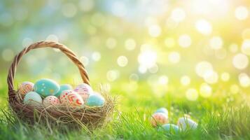 ai gegenereerd Pasen eieren in een mand Aan groen gras, zonnig voorjaar achtergrond. foto