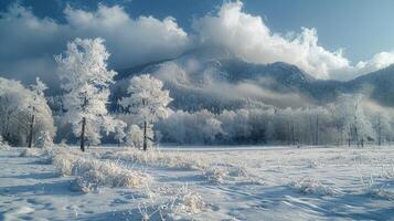 ai gegenereerd sneeuw gedekt veld- met bergen foto