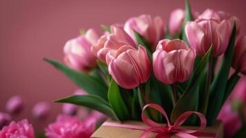 ai gegenereerd roze tulpen in geschenk doos met roze slingers foto