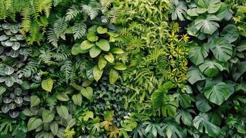 ai gegenereerd weelderig muur van planten dichtbij omhoog foto