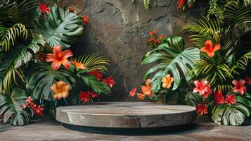 ai gegenereerd steen tafel omringd door tropisch planten foto
