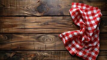 ai gegenereerd rood en wit geruit kleding Aan houten tafel foto