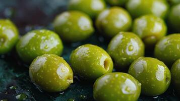 ai gegenereerd vers groen olijven met water druppels foto