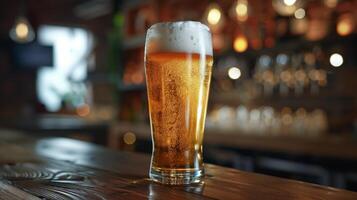 ai gegenereerd glas van bier Aan houten tafel foto