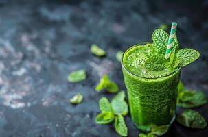 ai gegenereerd glas van groen smoothie met rietje foto