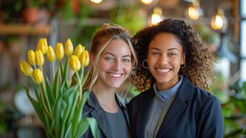 ai gegenereerd twee Dames Holding bloemen foto