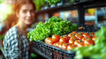 ai gegenereerd jong vrouw koopt tomaten in kruidenier op te slaan foto