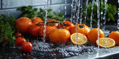 ai gegenereerd vers mandarijnen en kers tomaten onder rennen water, detailopname foto